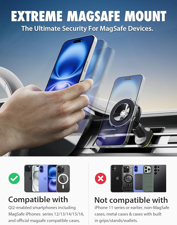 Bracketron Magnetic Car Mount for Cell Phone, MagAlign Max Car Vent Phone Mount【Strongest Magnetic+ Suction】, Vent Phone Mount for Car for iPhone 17 Pro Max 16 15 14 13 12 - MagSafe Car Accessories