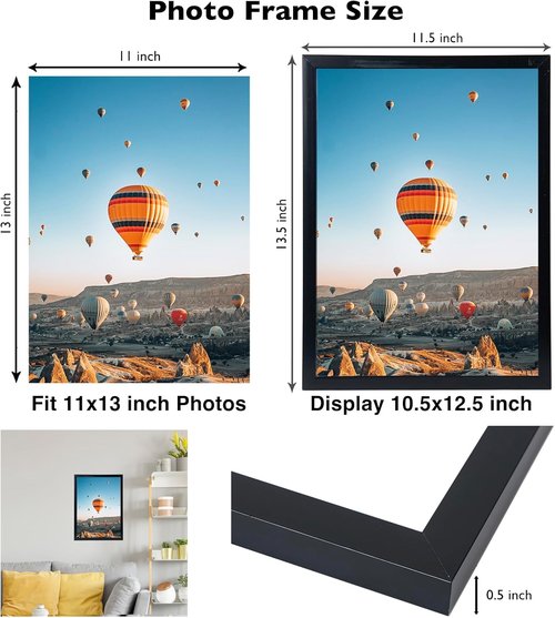 JCJMY 11x13 Black Picture Frame - Versatile Wall Mounting for Horizontal or Vertical Display | Shatter-Resistant Plexiglass