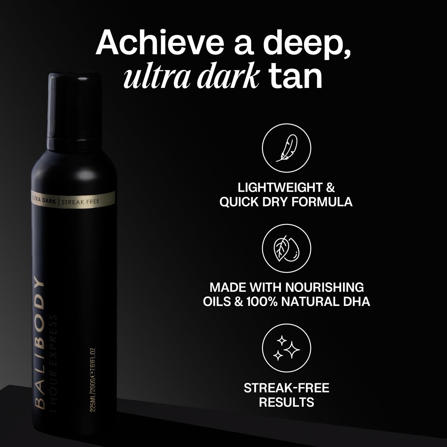 Bali Body 1 Hour Express Self Tan - Ultra Dark, Quick Drying Tanning Foam, Streak-Free Customizable Tanner | Suitable for All Skin Types, Vegan, Cruelty Free and Australian Made (225 ml/7.61 fl oz)