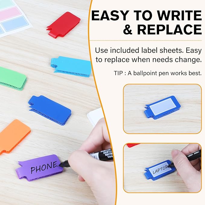 36-Pack Large Cable Labels with 40 Write-On Stickers, Reusable 8-Color Wire Tags for Electronics, Cord ID & Cable Management for Home Office, PC Network - Rectangle