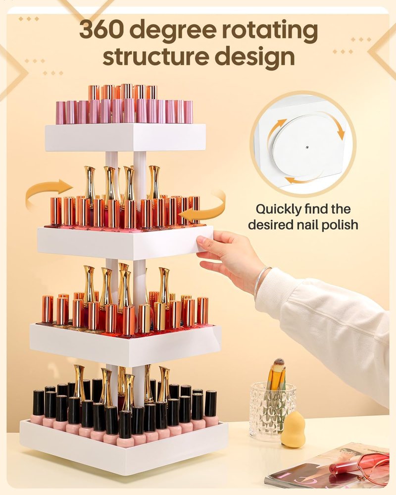 Nail Polish Display Stand - 360° Rotating Bamboo Rack Organizer | 4-Tier Makeup Holder for Easy Access - White