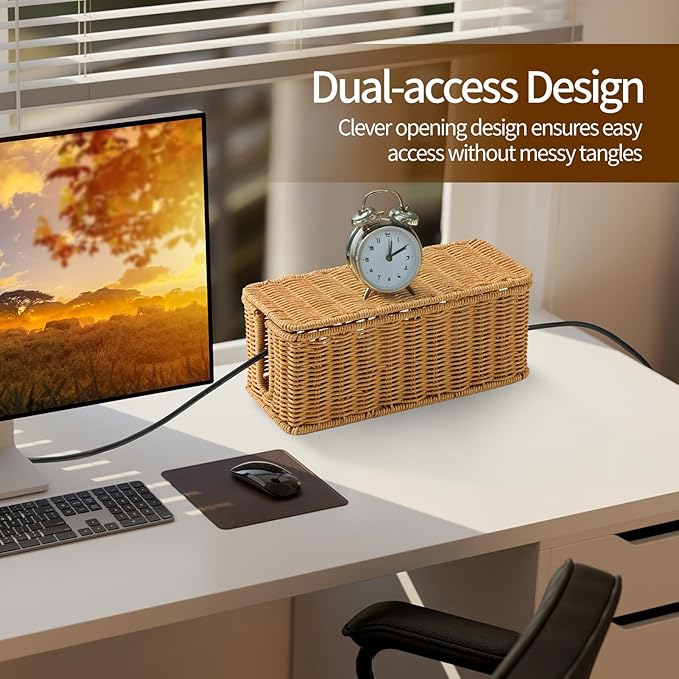 Delamu Handmade Rattan Small Cable Management Box, Cord Organizer with 2 Open Slots, Desk Cord Box Hider for Computer Router USB Hub Power Strip, 12.5" Lx 5.1" Wx 5.1" H, Natural