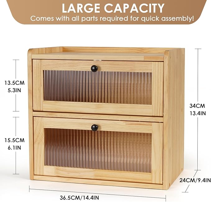 Sunhoo Bread Box for Kitchen Countertop Wooden Bread Storage Container Bin 2 Layer Breadbox Holder Large Capacity Keeper Vintage Farmhouse Food Organizer Pantry Shelf Acrylic Windowï¼Wood colorï¼