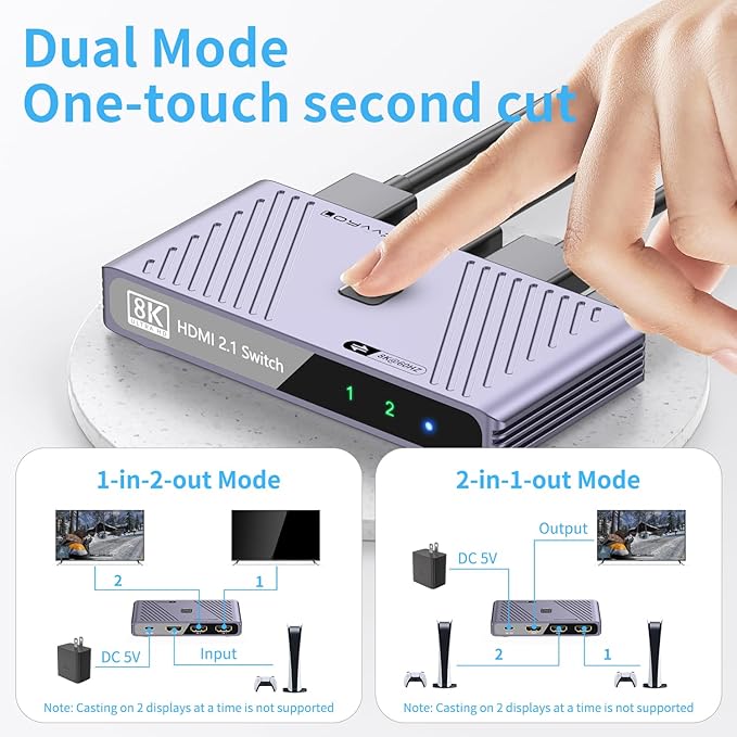 HD Switch 4K120Hz 8K60Hz – 2-in-1-out HD 2.1 Switch Box, Port Expander, Selector (with Remote Control), Supports 3D/HDR/HDCP 2.3, Compatible with PS5/4/3, Xbox, Switch, DVD Players, TVs and Computers