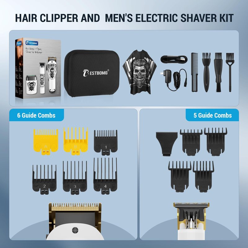 BESTBOMG® Hair Clippers for Men Professional, Hair Clipper, Beard Trimmer & Electric Shaver Kit, Zero-Gapped T-Blade Barber Grooming Kit, LED Display, Rechargeable, Gifts for Men