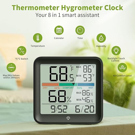 MeesMeek Indoor Thermometer Room Temperature Home Hygrometer Humidity Gauge, Accurate Calibration, Backlight, Air Comfort Indicator, Max Min Records, Time, Date (1, Black, 3.6" W x 3.4" H)