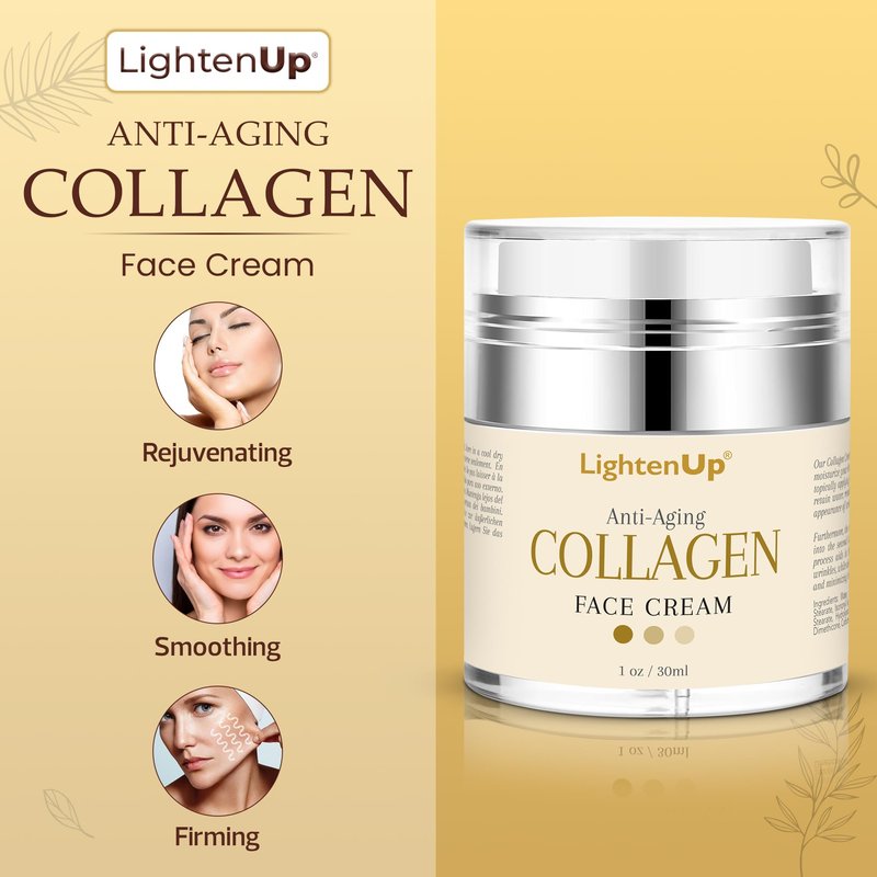 Lighten-Up Collagen Cream for Face - 1 fl oz / 30 ml - Antiaging, Fine Lines and Neck, Moisturizing and Hydrating Creams, Age Spots, with Hyaluronic Acid, for Women and Men