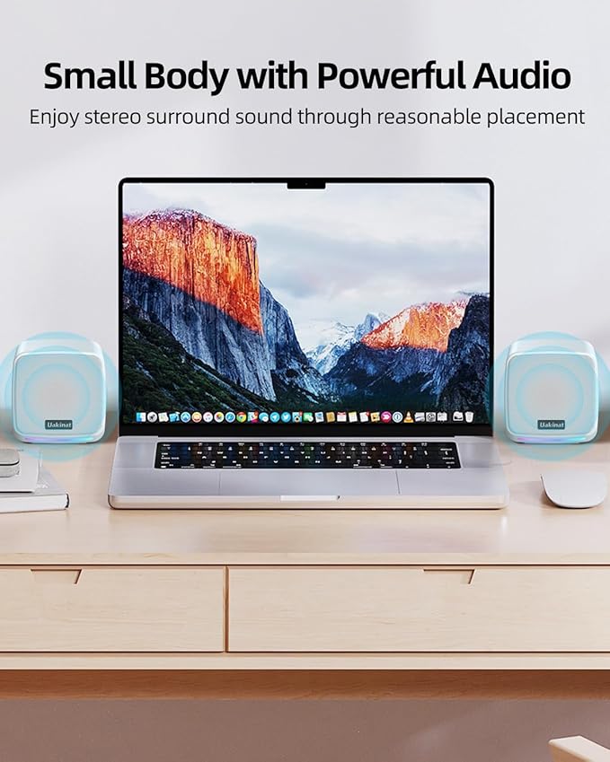 Uakinat Computer Speakers for Desktop PC, USB Powered 3.5mm Aux Speaker for PC, Laptop, Tablet, Phone, Plug and Play with Volume Control, White