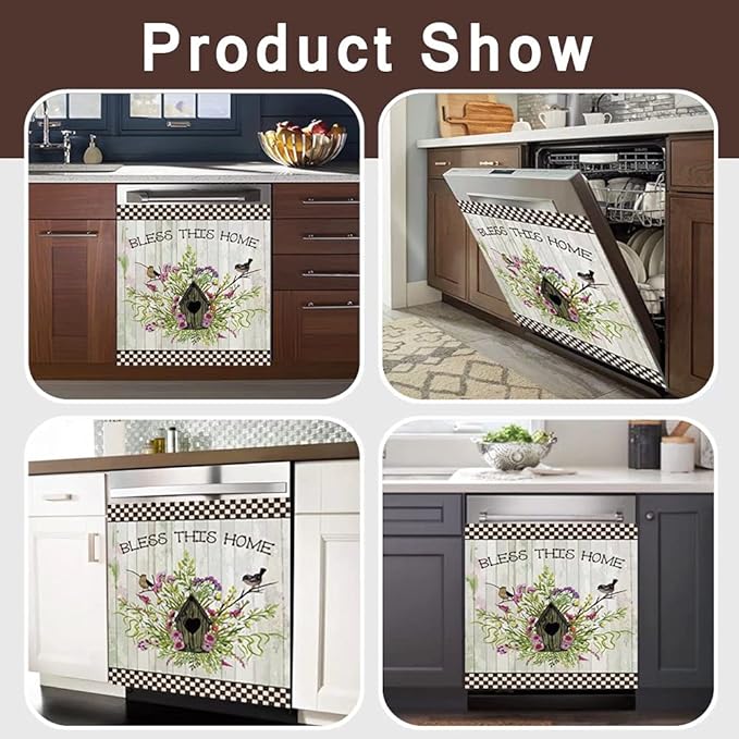 Bless This Home Dishwasher Magnet Vinyl Panel Fridge Decal,Flower Birds Dish Washer Cover Refrigerator Magnetic,Kitchen Decor Sticker Home Appliance Magnets 23"x17"