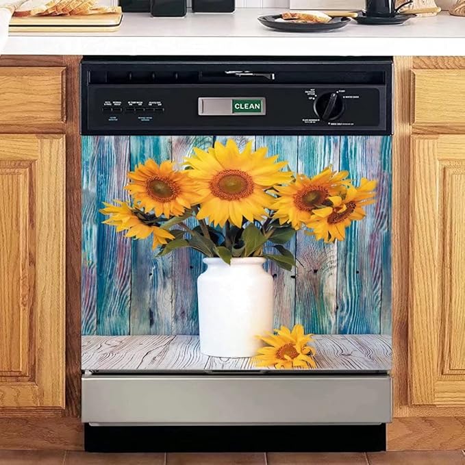 Colorful Wooden Background Kitchen Magnetic Dishwasher Front Door Cover Decor, Vase Sunflower Fridge Panels Decals Vinyl Magnet Cover, Magnetic 23"x17"INCH