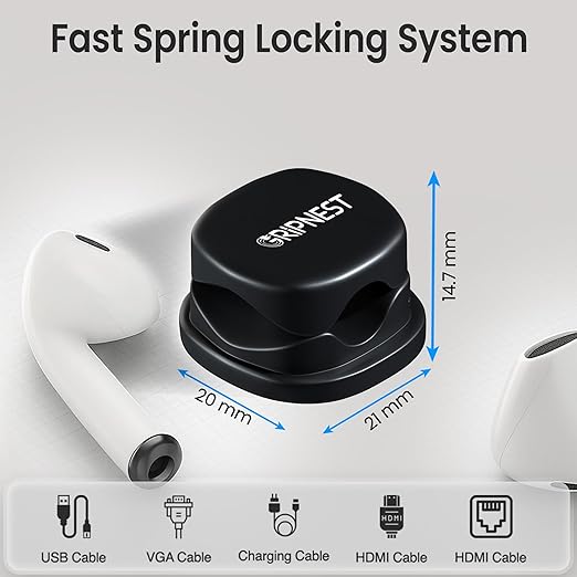 Cord Organizer [Fast Lock] 6 Pack GRIPNEST Black Cable Management [Easy Grip] Cord Holder Clips, Adjustable Strong Adhesive Wire Holders for Cords, Desk, Office, Home, Car, or Nightstand.