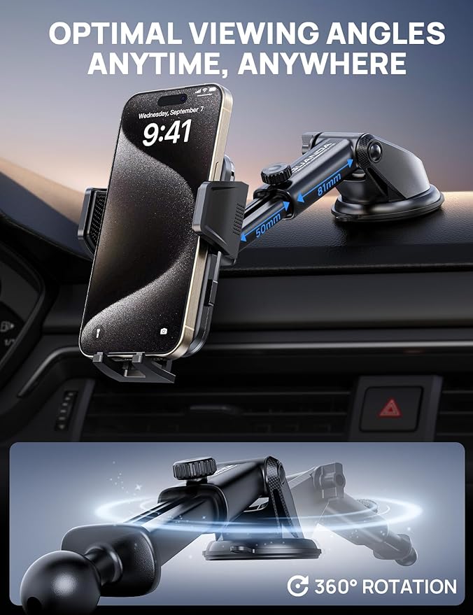 2026 Ultimate Car Phone Holder Mount(+Air Vent Clip) [Military Grade Stable], 360° Rotatable Suction Cup Car Phone Mount for Dashboard Windshield ,Truck Cradle Stand for iPhone 17 16 Pro Max Samsung