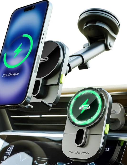 Bracketron MagAlign Extend 15W Magsafe Car Mount Charger, Magnetic Car Phone Holder Charger Wireless Car Charger for iPhone 17 Pro Max 16 15 14 13,Vent/Windshield/Dash Phone Mount Holder Fast Charger
