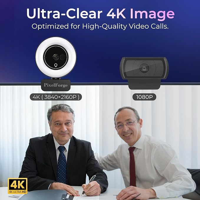 PixelForge 4K Webcam for PC with Microphone & Light & Privacy Cover, Web Camera for Desktop Computer/Laptop/Monitor/Mac, USB Streaming Camera for Zoom/Skype/Teams/Video Calling/Studying and Conference
