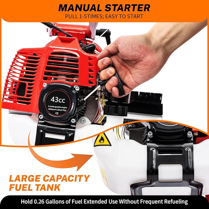 43cc 2-Stroke 1.7hp Portable Gas Power Held Sweeper Broom, 1250w Cleaning Driveway Turf Grass Walk Behind Hand Lawn Sweeper Carpet Sweeper Yard Sweeper Park Garden Cleanning Machine