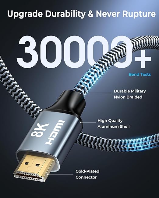 CABNEER 8K HDMI Cable 12 ft, 48Gbps High Speed HDMI 2.1 Cable, HDMI Cord 8K@60Hz 4K@120Hz Support for HDR eARC HDCP 2.2&2.3, HDMI Cable 2.1 Compatible with HDTV, Laptop, Monitor, PC