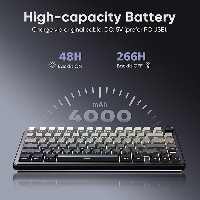 RedThunder K75 Wireless Mechanical Gaming Keyboard, 75% Hot Swappable Creamy Keyboard with Knob, RGB Backlit, Pre-lubed Linear Switches, Side Engraved PBT Keycaps, Wireless/Wired/BT5.0, Gradient Gray