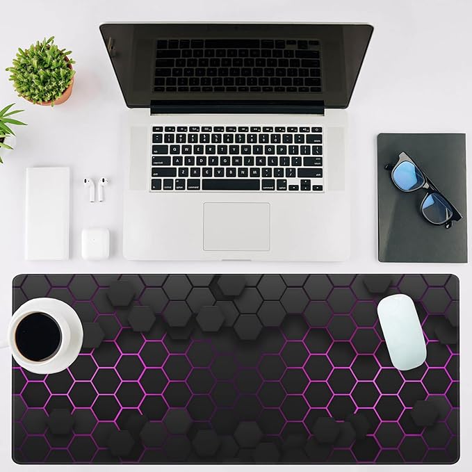 NIYLYNSYN Mouse Pad Large Electric Glow Hexagonal Non-Slip Gaming Desk Mat with Stitched Edge Laptop Keyboard Desk Pad for Work Home Gaming (35.4 x 15.7 Inches)