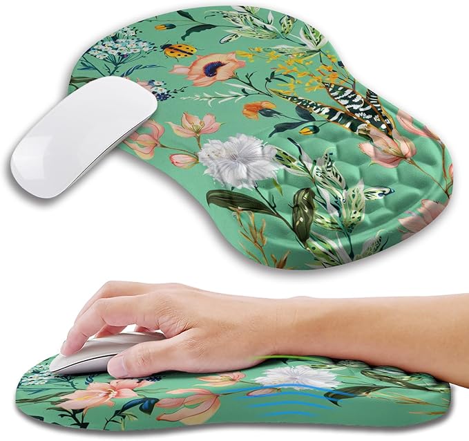 Kuosgm Ergonomic Mouse Pad Wrist Support with Memory Foam Massage Bulge, Carpal Tunnel Pain Relief Mousepad Wrist Rest for Mouse(12x8 inch, Pink Flowers)
