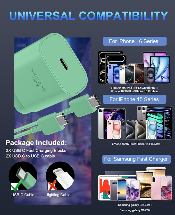 Phone 17 16 15 Charger Fast Charging,30W USB C Phone 17 16 15 Pro Max Charger Block &10FT Long Type C Cable Cord for i.Phone 17/Air/17 Pro/17 Pro Max/16/16 Plus/16 Pro/16 Pro Max/15/15 Pro Max,Green