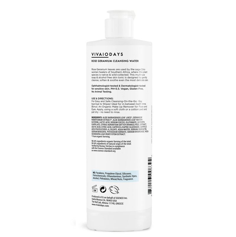 VIVAIODAYS Organic Rose Geranium Cleansing Water - Quick Clean up for Baby & Gentle Makeup Remover (15.2 oz | 450 ml Large)