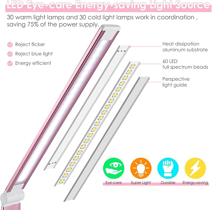 JOSTIC LED Desk Lamp with Wireless Charger, USB Charging Port, Desk Lighting with 10 Brightness, 5 Color Modes, Dimmable Eye Caring Reading Desk Lamps for Home Office, Touch Control, Auto Timer, Pink