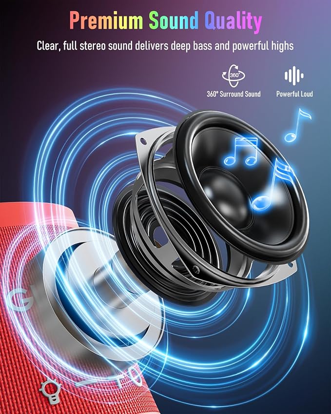 Gladorn Portable Bluetooth Speaker Wireless with 9 Color Lights, 20H Playtime, Stereo Pairing, Deep Bass, IPX6 Waterproof, Bluetooth 5.3, Small Speaker for Home, Party, Outdoor, Camping, Beach, Gift