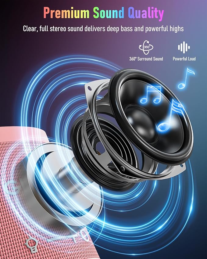 Gladorn Portable Bluetooth Speaker Wireless with 9 Color Lights, 20H Playtime, Stereo Pairing, Deep Bass, IPX6 Waterproof, Bluetooth 5.3, Small Speaker for Home, Party, Outdoor, Camping, Beach, Gift