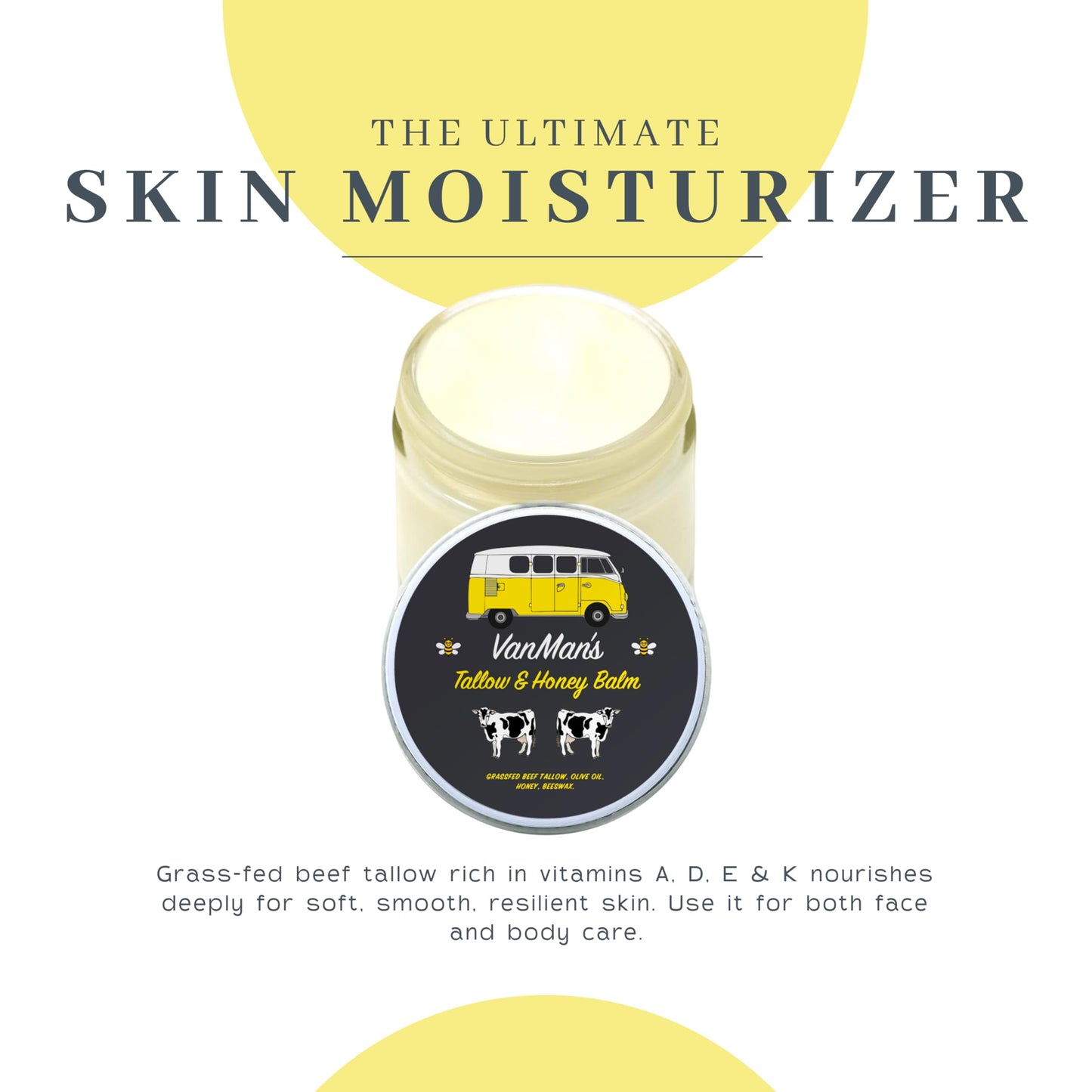 Vanman's Tallow and Honey Balm With No Added Scent - Face Moisturizer with Grass-Fed/Finished Beef Tallow for Skin, Organic Raw Honey and Beeswax, Cold Pressed Olive Oil - 2 oz