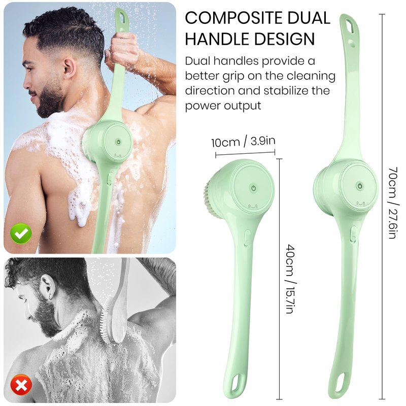 Electric Body Brush, Auto Spinning Back Scrubber for Shower, USB Rechargeable Bath Brush with Dual Long Handle, 5 Replaceable Heads, Waterproof Exfoliating Massage Brush for Skincare, Spa and Bath