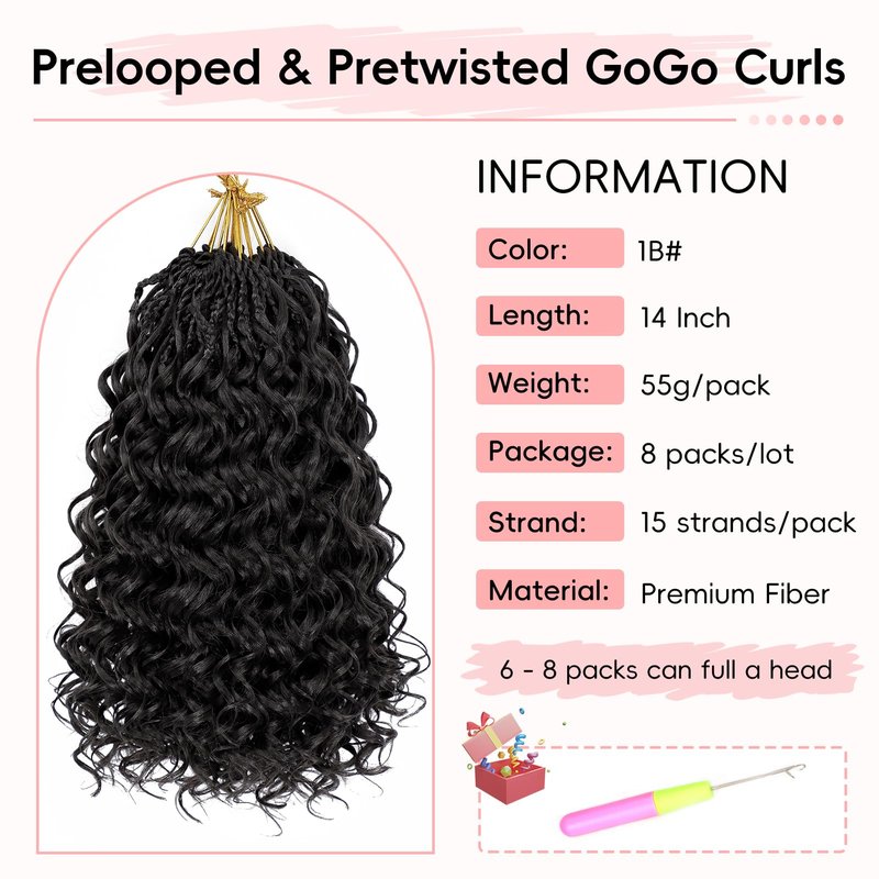 Aoisvk 8 packs GoGo Curl Crochet Hair Pre twisted 14 Inch Curly Crochet Hair for Women Pre looped Boho Box Braids with Curly Ends Beach Curl Water Wave Synthetic Hair Extensions 1B