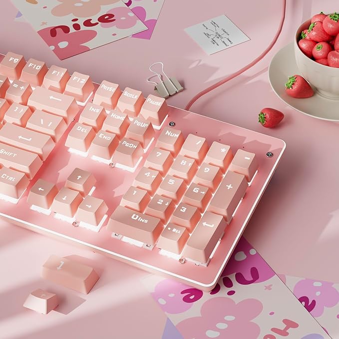 SEUNKWANG EWEADN TK100 Typewriter Keyboard Wired Mechanical Keyboard, 104 Keys Aesthetic Typewriter Keyboards with White Backlit, Anti-Ghosting, Blue Switch Wired Cute Keyboards-Pink