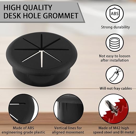 2-3/8IN(60mm) Desk Grommet, 13 Pieces Wire Grommet, Desk Hole Cover for Cables with Hole Saw,Plastic Cable Cord Wire Hole Cover for Desk, Table,Cabinet,Countertop and Other Furniture(Black)