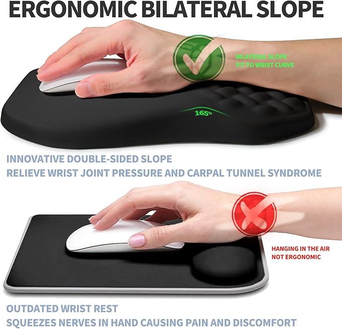 Gleamtide Ergonomic Raised Mouse Pad Wrist Support with Bilateral Slope Memory Foam Mousepad for Wrist Rest and Carpal Tunnel Pain Relief 11.8x7.9〃 Black