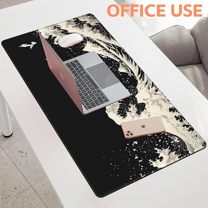 NIYLYNSYN Mouse Pad Large White Wave Non-Slip Gaming Desk Mat with Stitched Edge Laptop Keyboard Desk Pad for Work Home Gaming (35.4 x 15.7 Inches)
