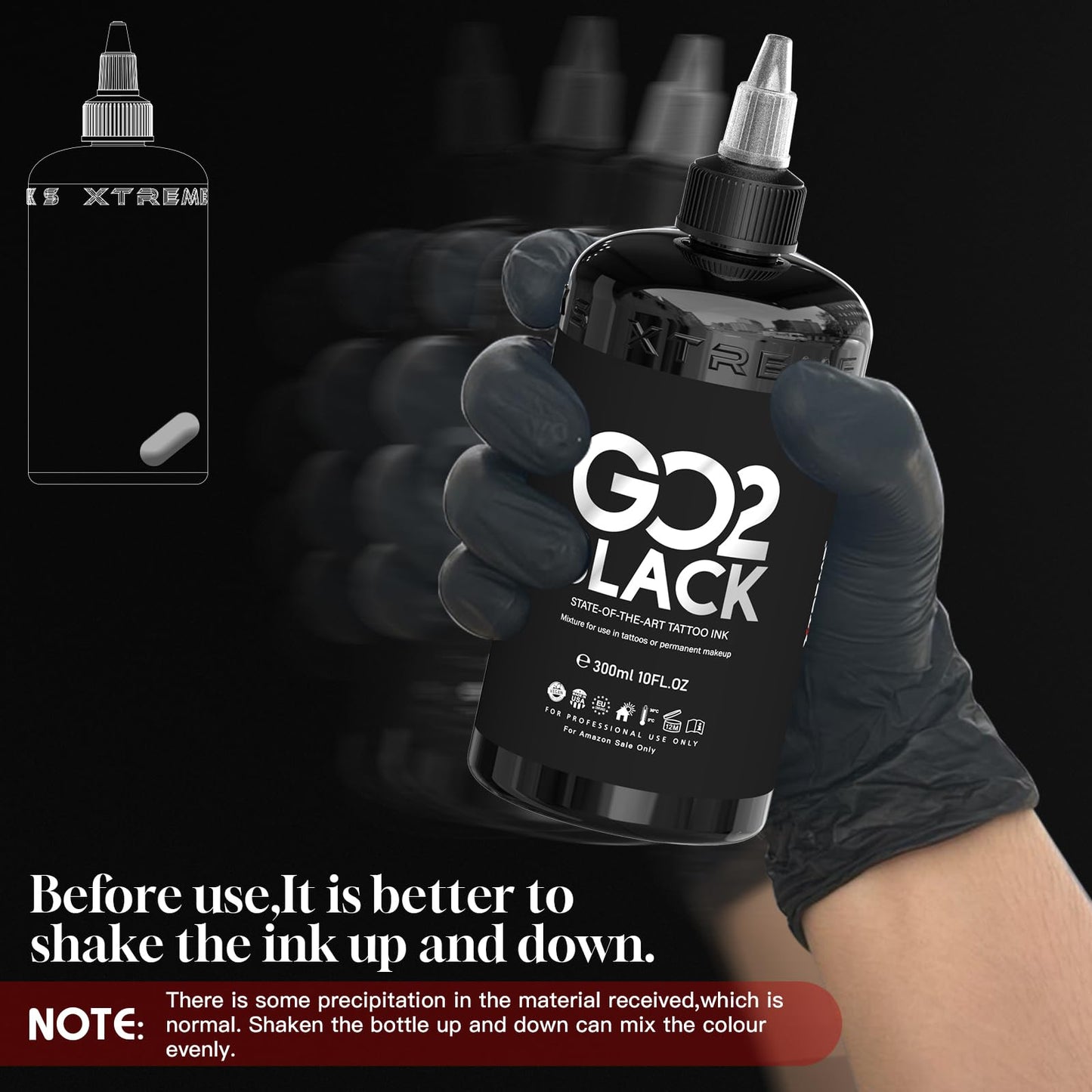 Xtreme GO2 Black Tattoo Ink 10oz – Professional Tattoo Ink for Bold Fillings & Shading, Long-Lasting Vivid Color, Highly Concentrated & Fade-Resistant, Smooth Application, Vegan Tattoo Ink