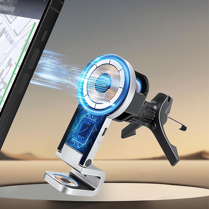 Fannasi 3 in 1 Wireless Car Charger, 15W Fast Charging Phone Holder Foldable Magnetic Mount Fit for All iPhone Android Phone, iWatch, Airpods Wireless Earphone
