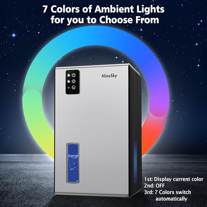 NineSky Dehumidifier,98 OZ Dehumidifiers for Home,(1100 sq.ft) Dehumidifiers for Basement Bathroom Bedroom with Auto Shut Off, Switchable 7 Colors Light(Silver)