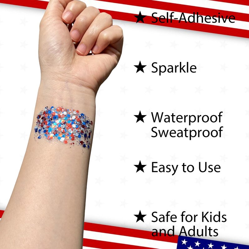 Mysense Patriotic Red White and Blue Face Hair Body Glitter Stick,4th of July Outfits and Accessories for Women Kids,USA Flag Makeup for Independence Day 250 Anniversary Memorial Day Veterans Day