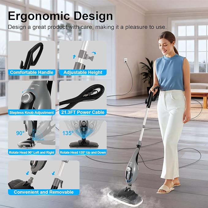 11-in-1 Steam Mop, 1550W Powerful Handheld Steam Cleaner, 260Â°F Multi-Functional Floor Steamer with 21.3FT Cord for Floors, Hardwood, Tiles, Grout, Windows, Kitchen, Bath, Adjustable (Grey)