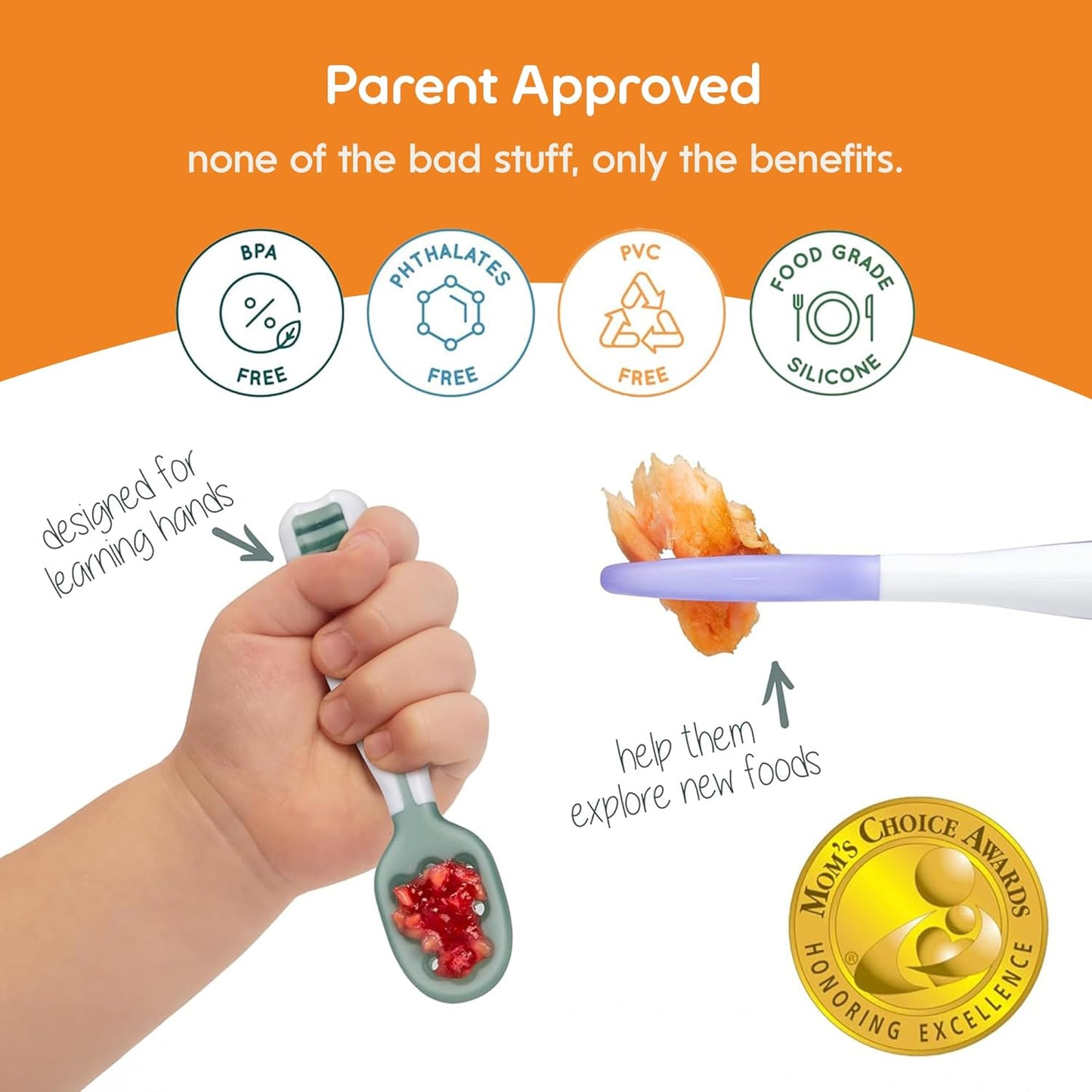 NumNum Baby Spoons Set - Pre-Spoon GOOtensils for 6+ Months | Silicone Toddler Utensils, BPA-Free, 2 Pack Blue/Orange