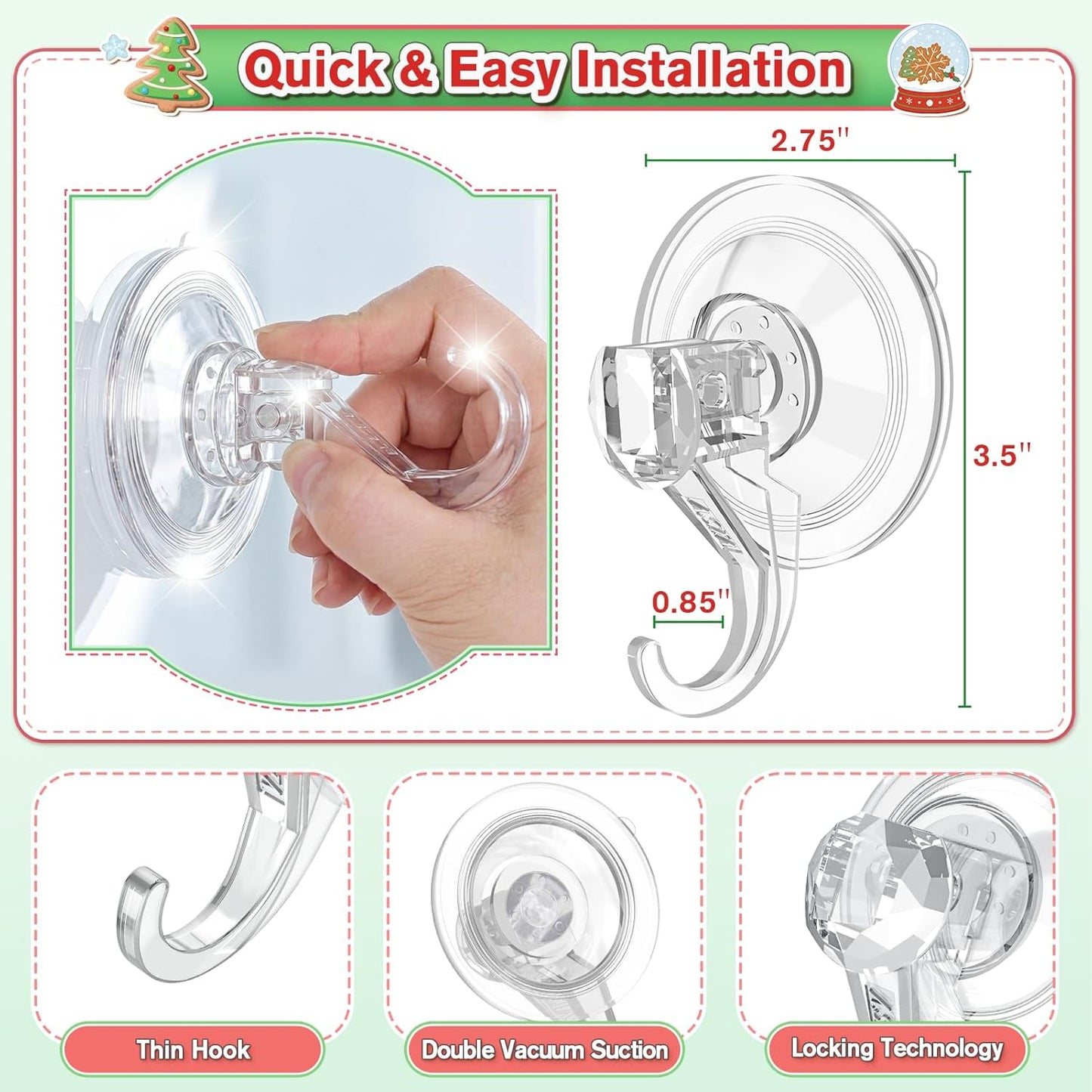 VIS'V Wreath Hanger - Heavy Duty Suction Cup Hooks | 22 LB Capacity, Clear, 2 Pack