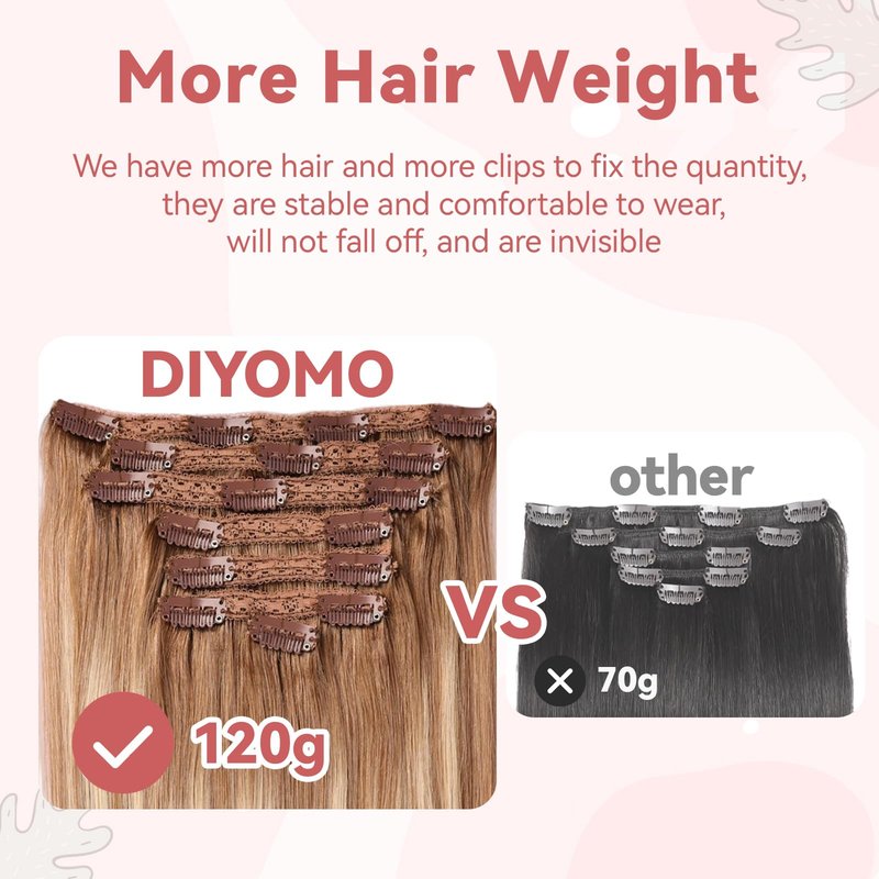 DIYOMO human hair clip in extensions Soft&Natural 120g 7pcs hair extensions real human hair clip insHair Straight&Invisible (14Inch, 18/613)