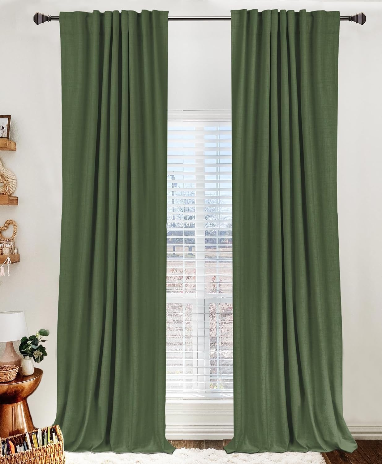 Skiennix 100% Blackout Linen Curtains - Thermal Insulated Drapes, 50" W x 120" L, Moss Green | 2 Panels Set
