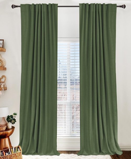 100% Blackout Shield Linen Blackout Curtains for Bedroom 96 Inches Long, Back Tab/Rod Pocket Living Room Drapes, Thermal Insulated Blackout Curtains 2 Panels Set, 50" W x 96" L, Moss Green