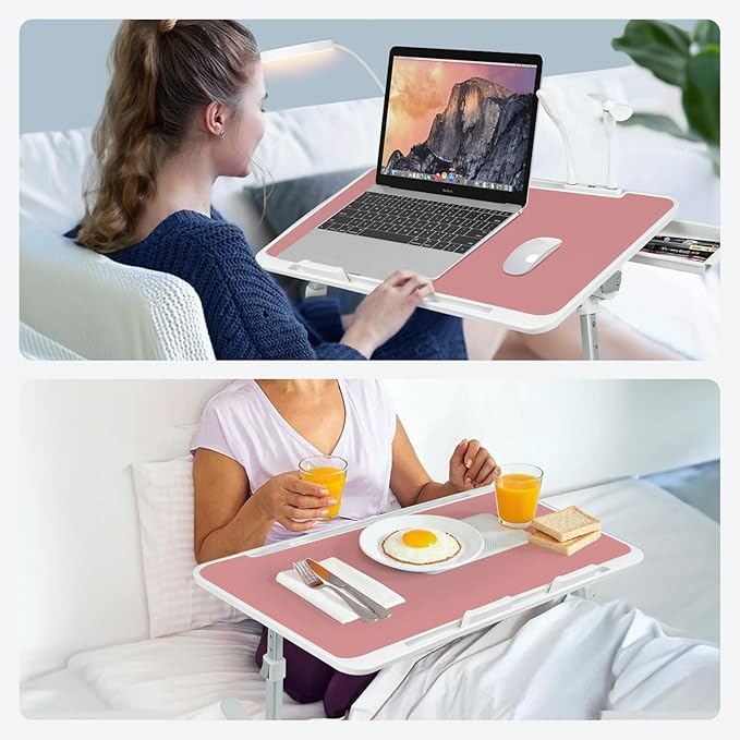 iXTRA Laptop Lap Desk Include Cooling Fan,Adjustable Lap Desk with Light Fan,Folding Laptop Desk for Bed with USB,Bed Desk with Storage Drawer 56x32cm,Pink