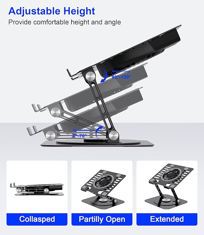 YTech Laptop Stand,with 360°Rotating Base,External Cooling Fan,Adjustable RGB Lighting,Ergonomic Foldable Notebook Computer Holder.Compatible with All 10-17" Laptops Tablets,Black