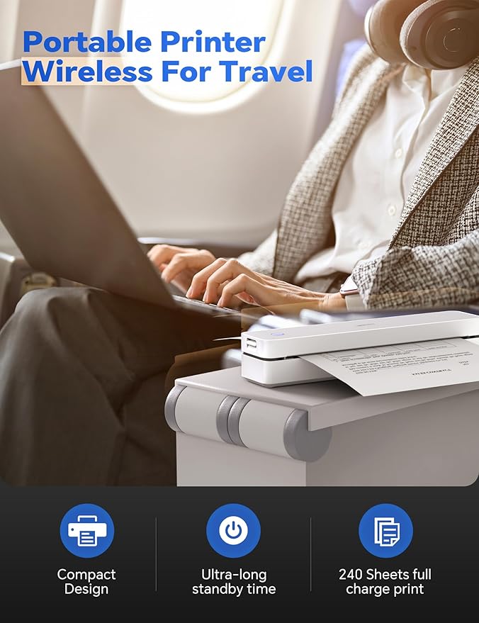 iDPRT MT610Pro Portable Thermal Printer, 300DPI HD Mobile-Travel-Printers, Inkless-Wireless-Small-Printer for Home Use, Office, Vehicles, Bluetooth Printers Supports 8.5" x 11" US Letter&A4&A5, White