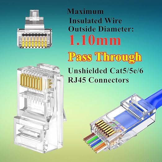 Gaobige 100-PACK Cat5 Cat5e Cat6 RJ45 Pass Through Connectors Ends, 1.1mm Unshielded Connectors for Solid Wire and Standard Cable