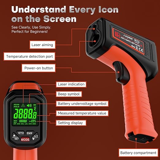 Surpeer -58℉~3272℉ Infrared Thermometer IR Gun, High-Temp Digital Temperature Gun, 50:1 Non-Contact Pyrometer for Kiln, Forge, Furnace, Engine, HVAC & Industrial Applications